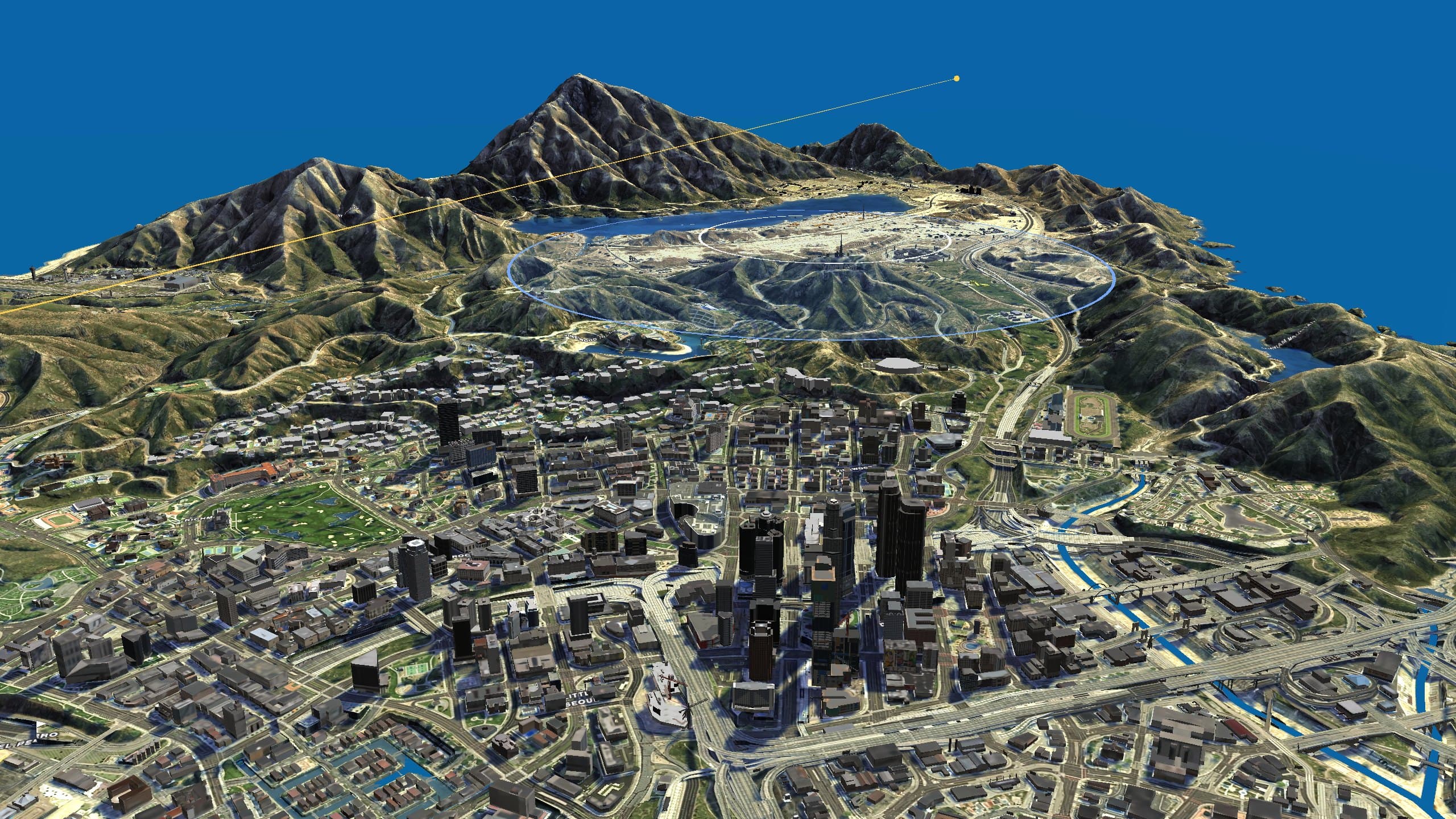 La carte du jeu en 3D : le centre de Los Santos, le mont Chiliad, la zone de la tempête et le trajet de l'avion