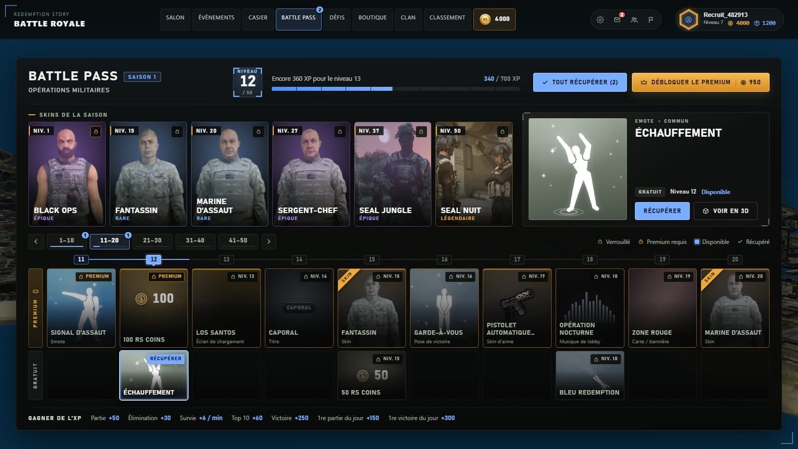 Battle Pass — Capture de l'interface du jeu, avec des données de démonstration.