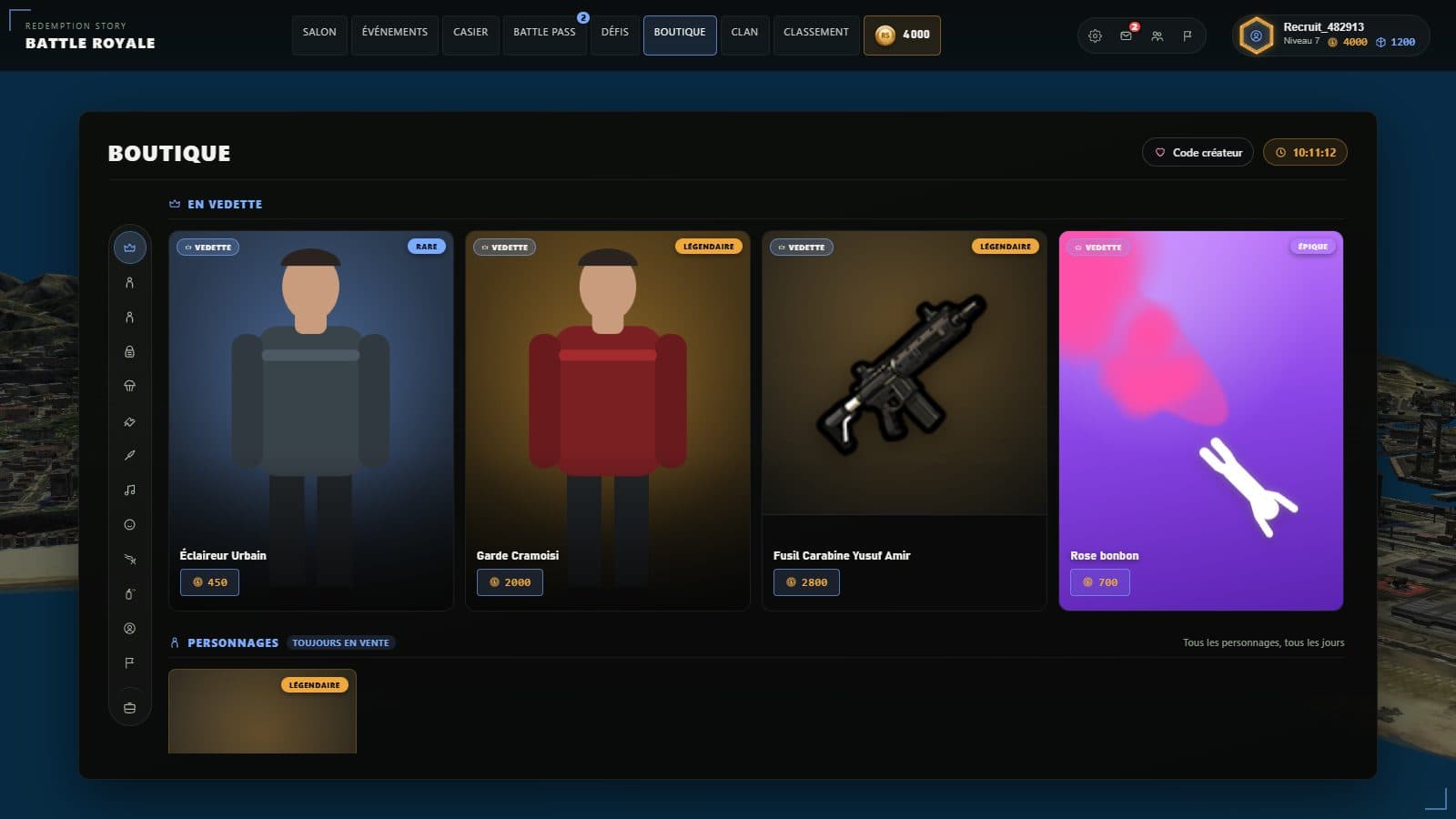 Boutique — Capture de l'interface du jeu, avec des données de démonstration.