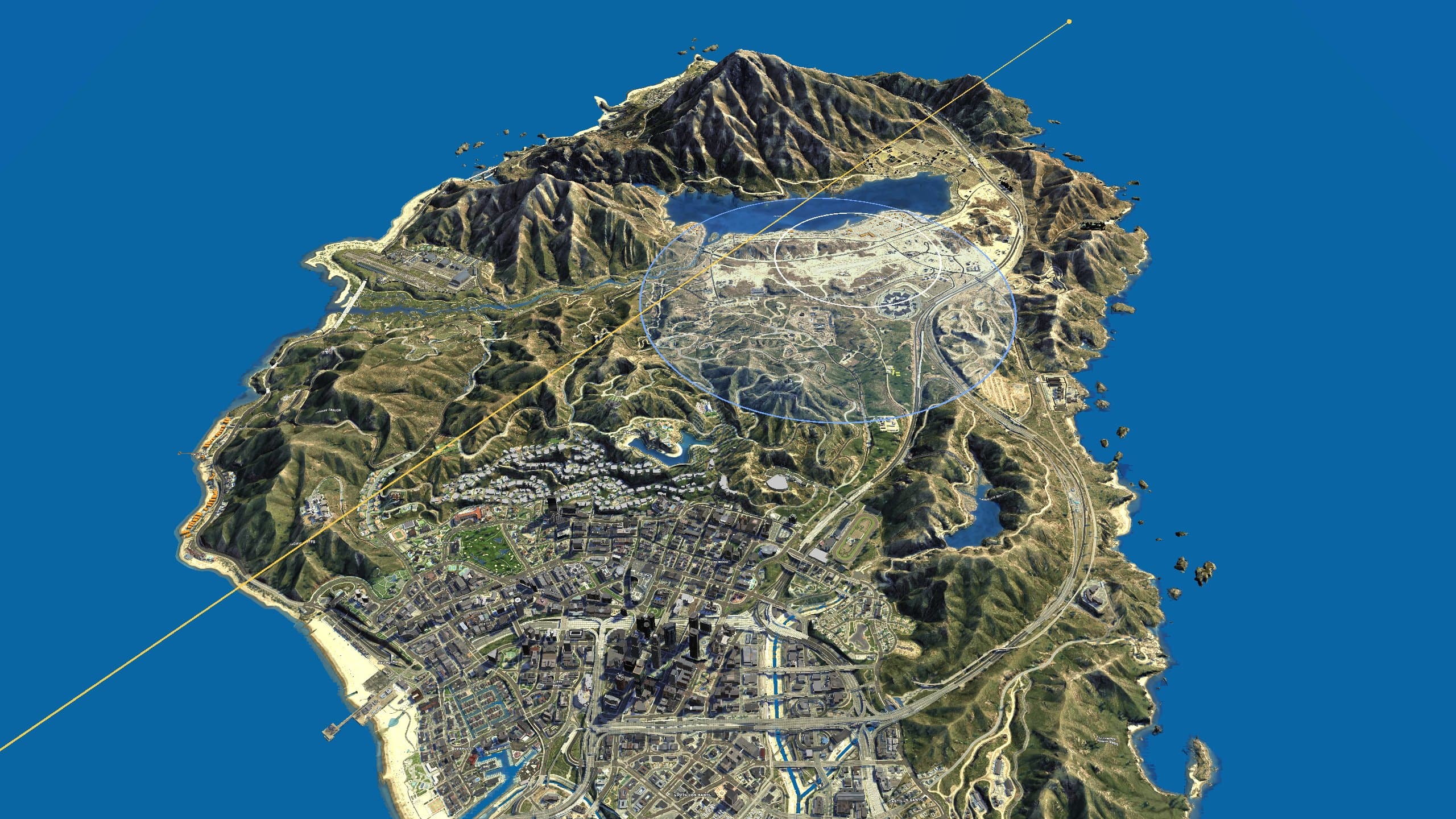 La carte entière en 3D avec la zone de la tempête, la prochaine zone et le trajet de l'avion