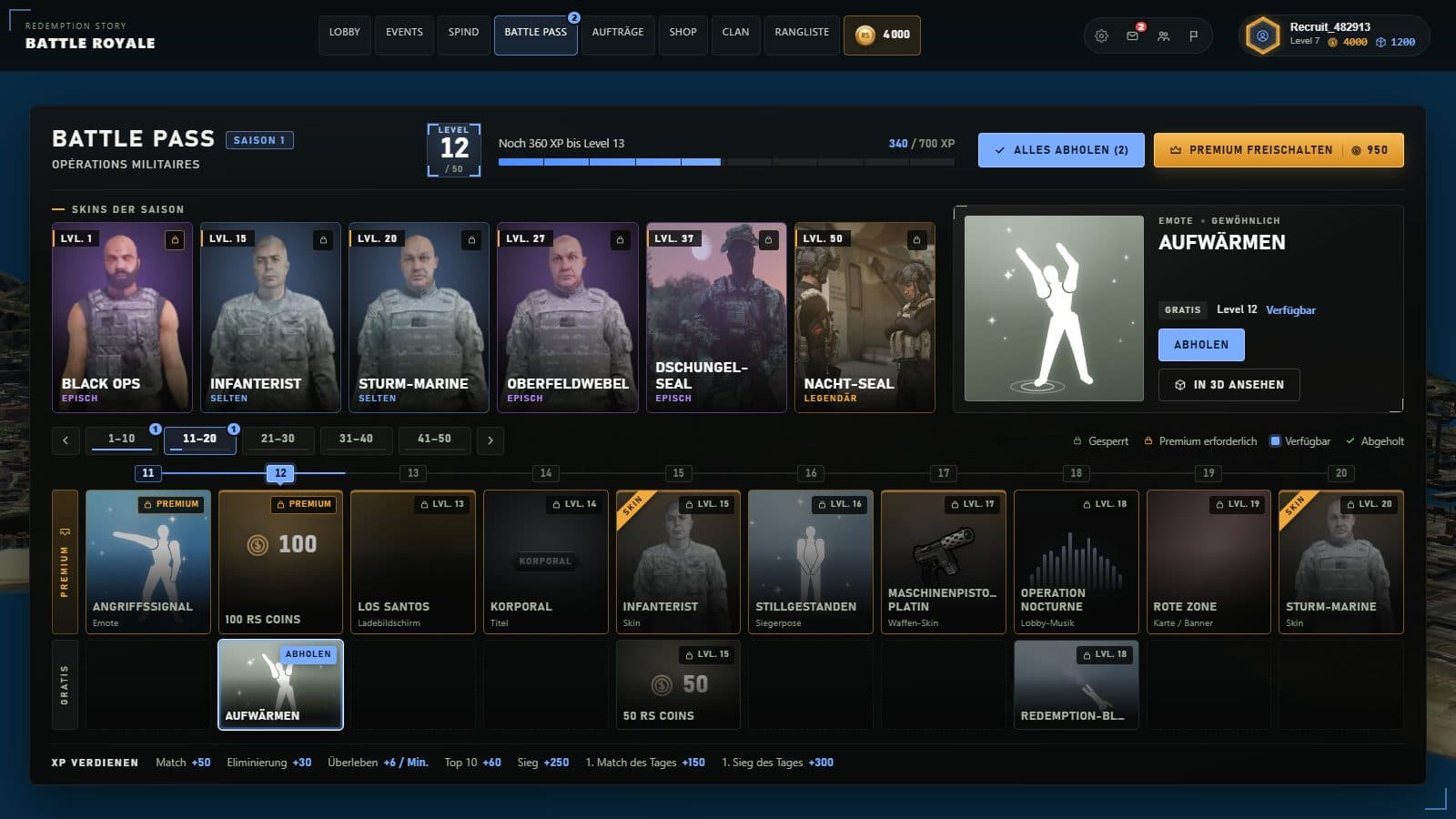 Battle Pass — Aufnahme der Spieloberfläche, mit Demodaten.