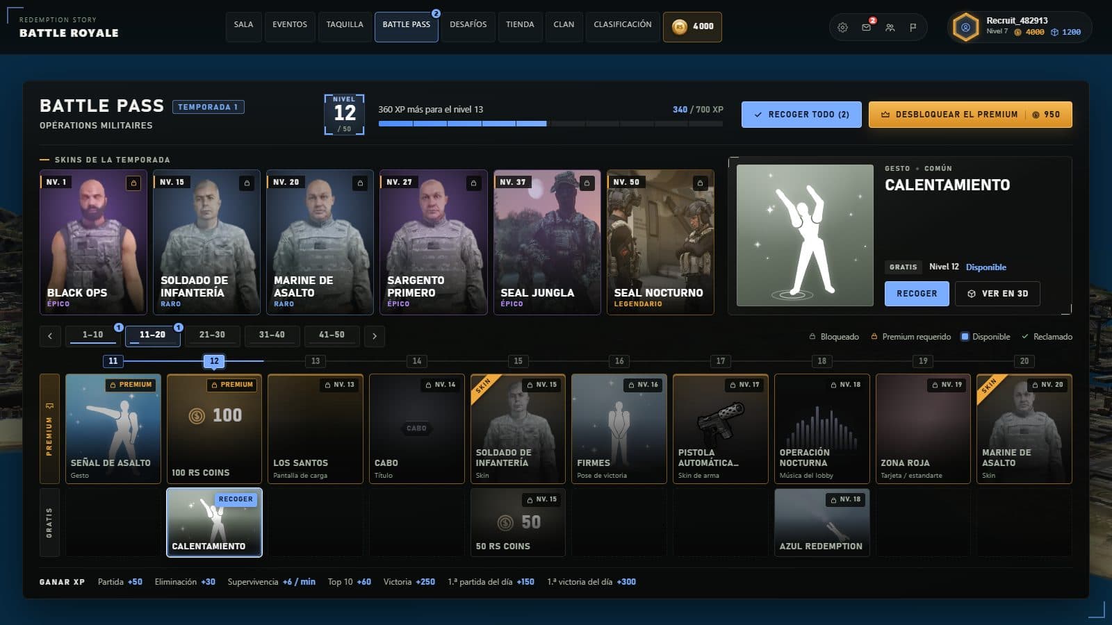 Battle Pass — Captura de la interfaz del juego, con datos de demostración.