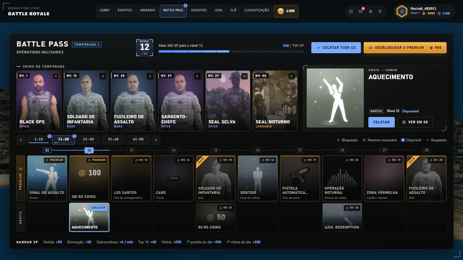 Battle Pass — Captura da interface do jogo, com dados de demonstração.