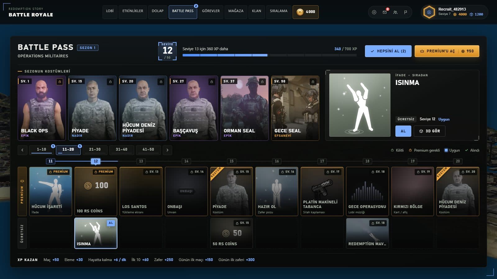 Battle Pass — Oyun arayüzünden bir görüntü, demo verileriyle.