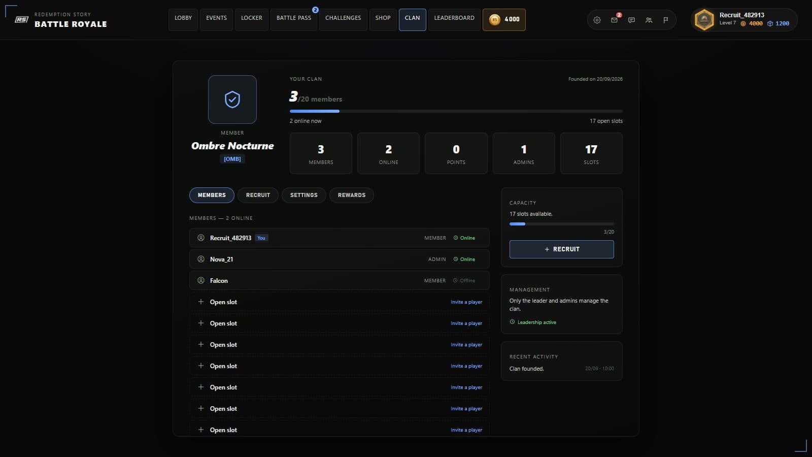 Clans — A capture of the game's interface, with demo data.