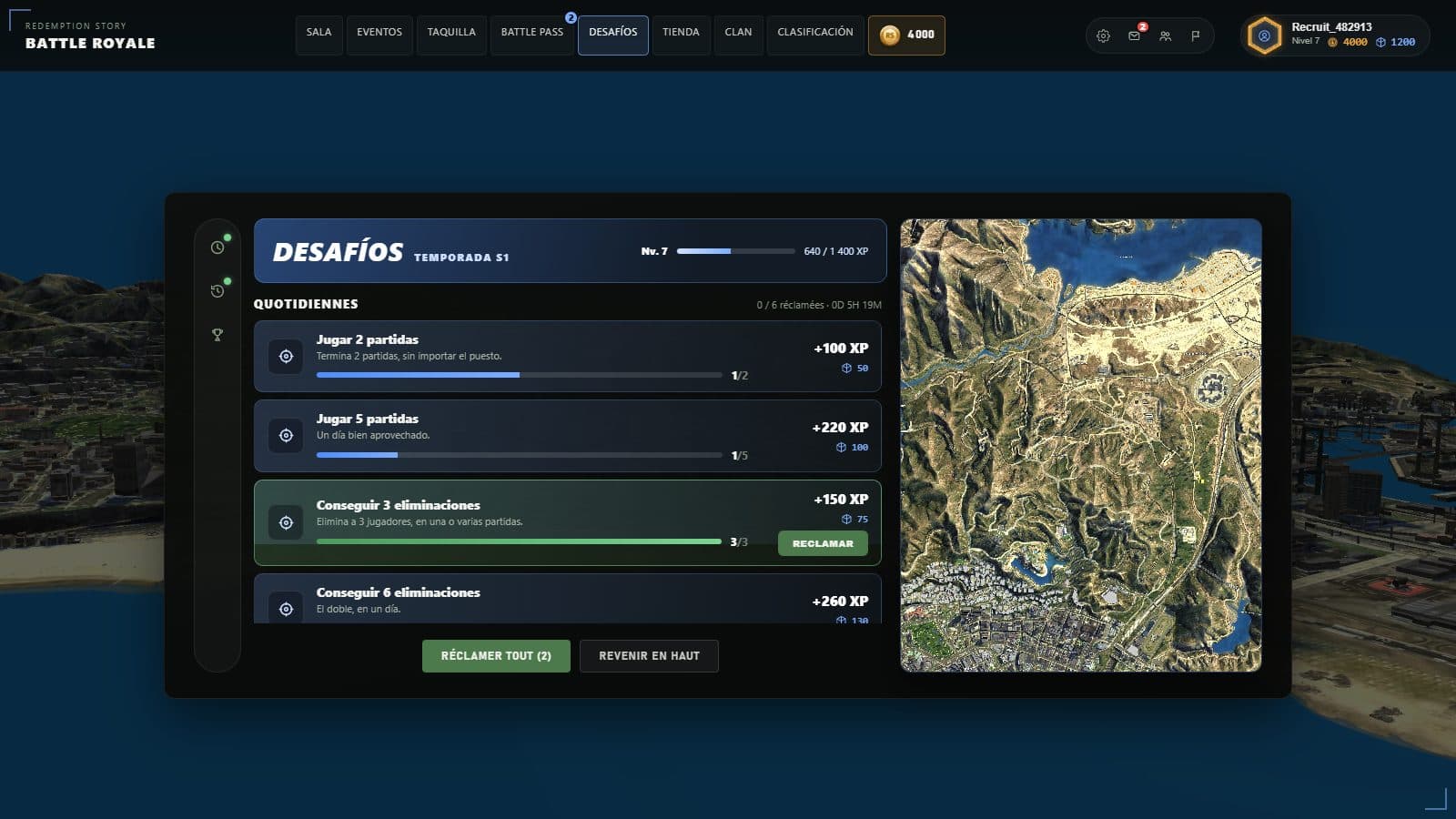 Desafíos — Captura de la interfaz del juego, con datos de demostración.