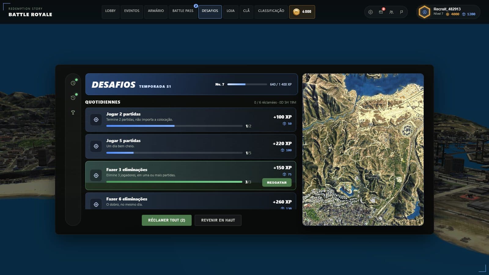 Desafios — Captura da interface do jogo, com dados de demonstração.