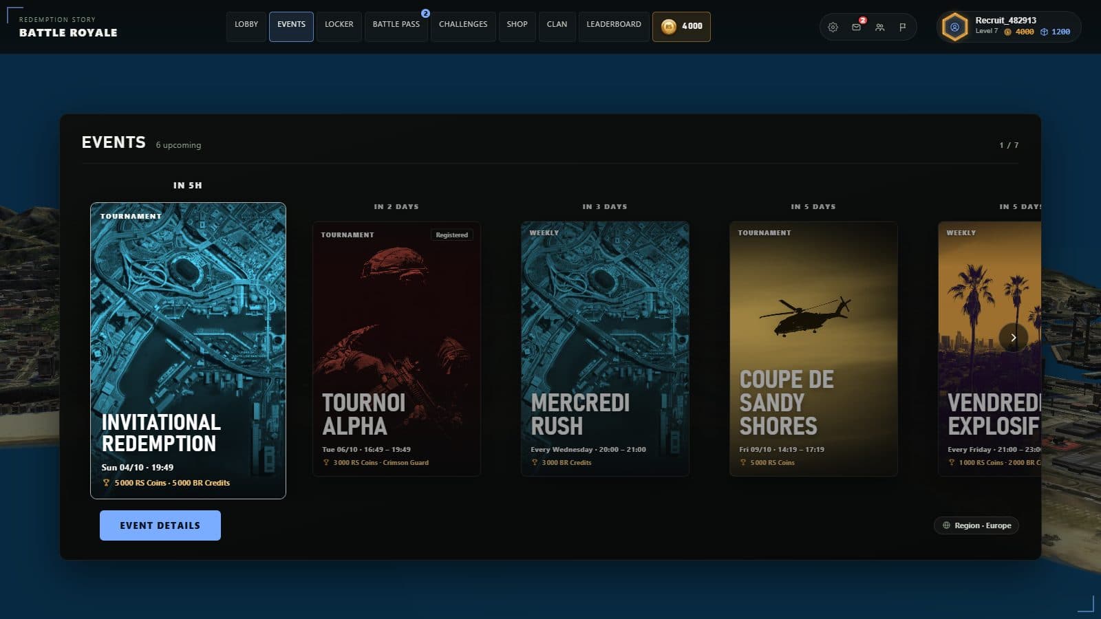 Events — A capture of the game's interface, with demo data.