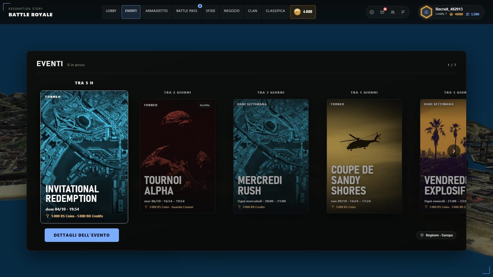 Eventi — Cattura dell'interfaccia del gioco, con dati dimostrativi.